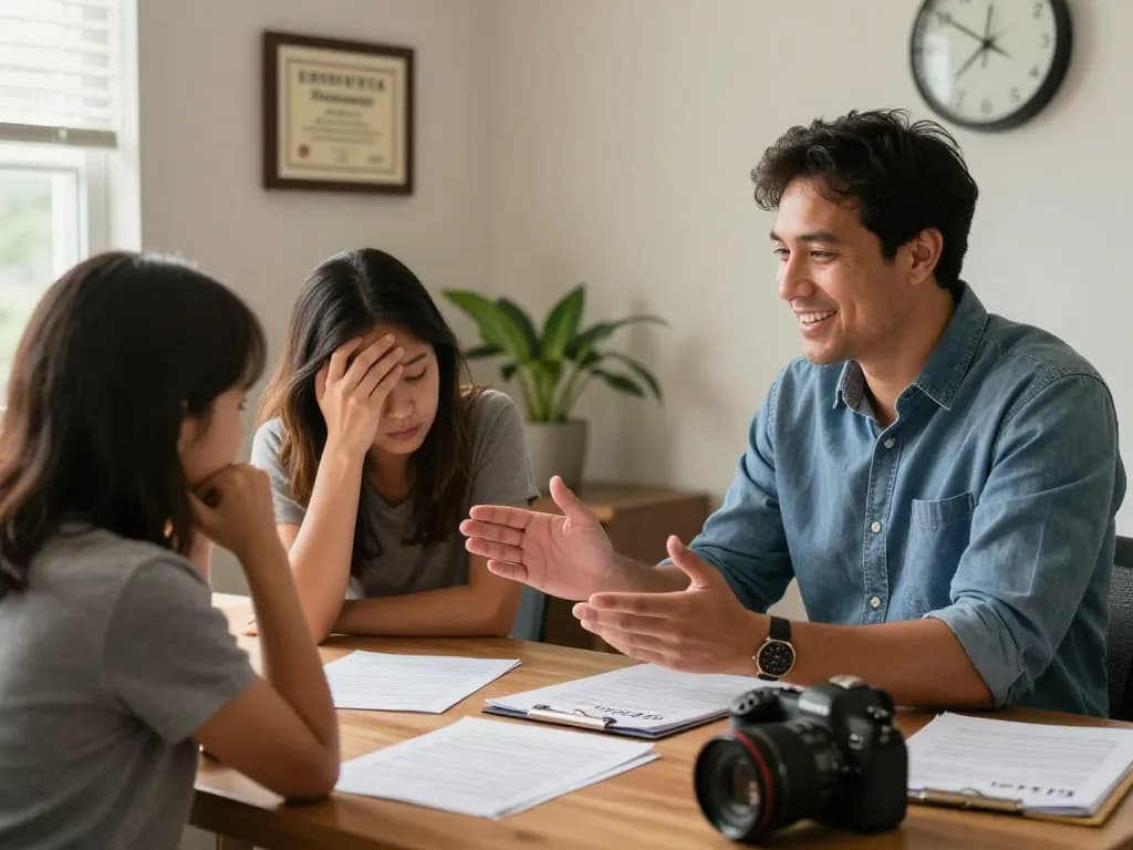 Bail Bonds professional helping a family understand bail options in a warm office environment