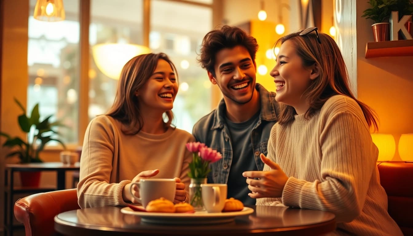 Young couple sharing a joyful moment in a cozy café, representing the excitement of a crush on someone.