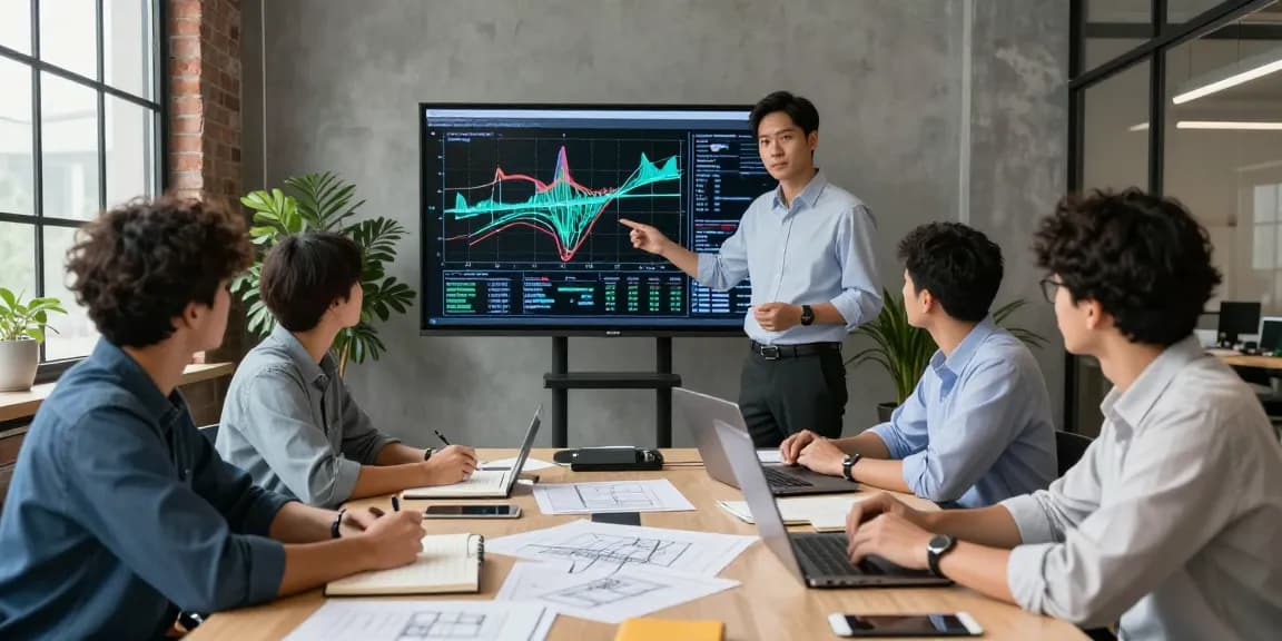 Engineers collaborating on seismic design project in modern office environment