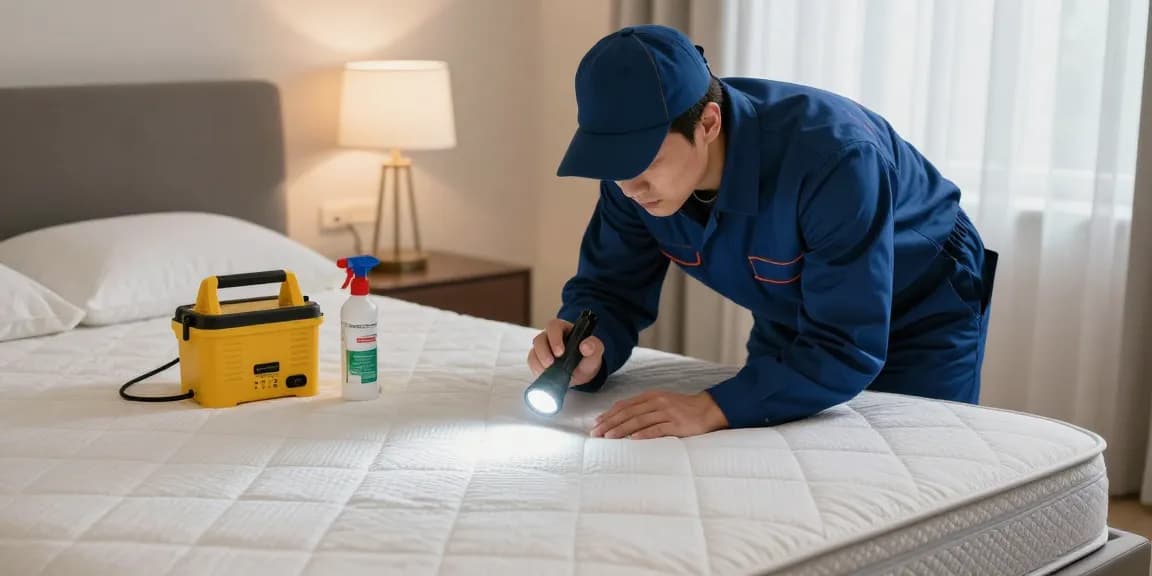 Expert bed bug exterminator inspecting mattress for treatment in Milwaukee bedroom.