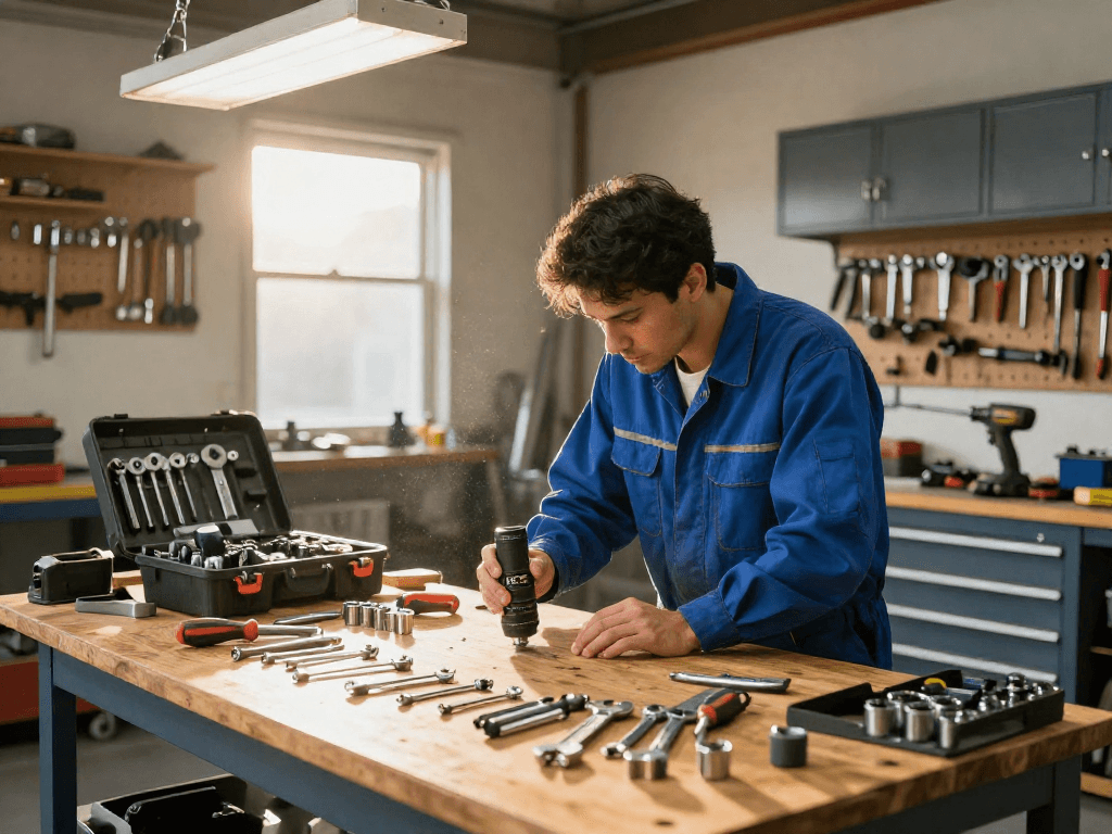 Mechanic examining ks tools in a well-lit automotive workshop, showcasing a range of tools on a workbench.