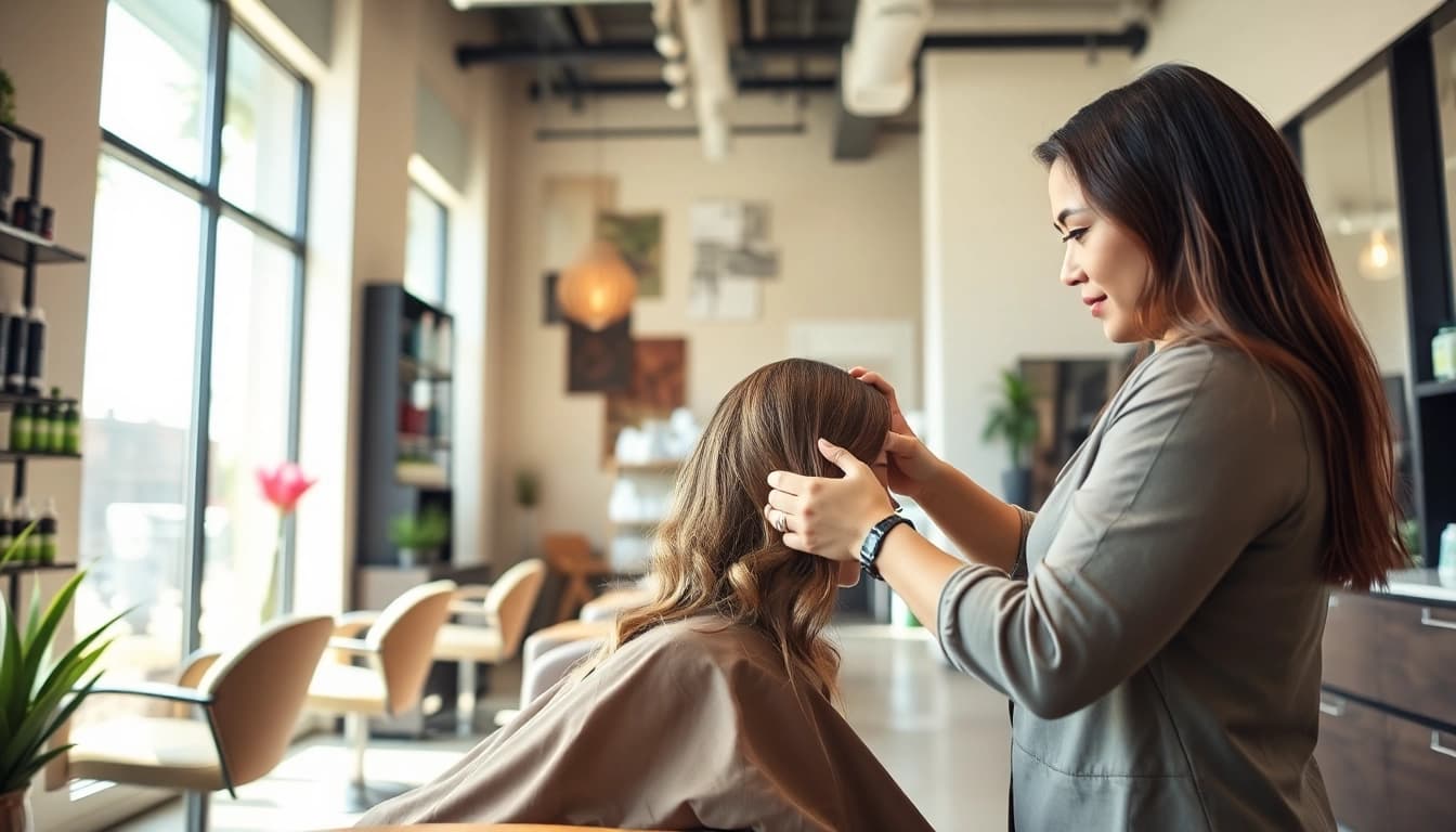 Inviting hair salon in San Diego showcasing a stylist at work with Aveda products.
