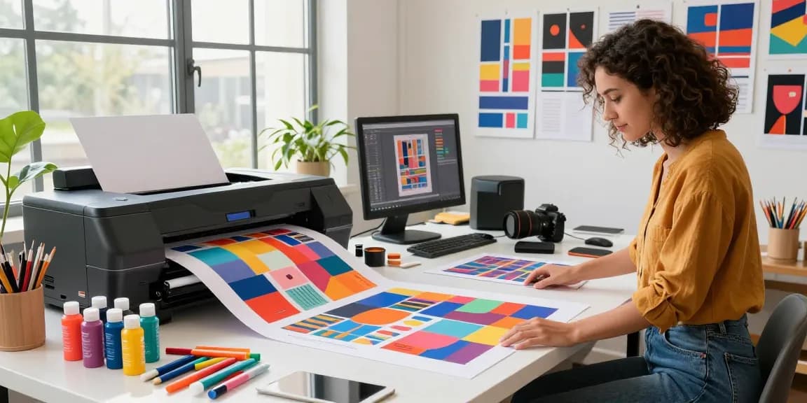Custom poster printing in a vibrant workspace with a designer reviewing vivid prints.