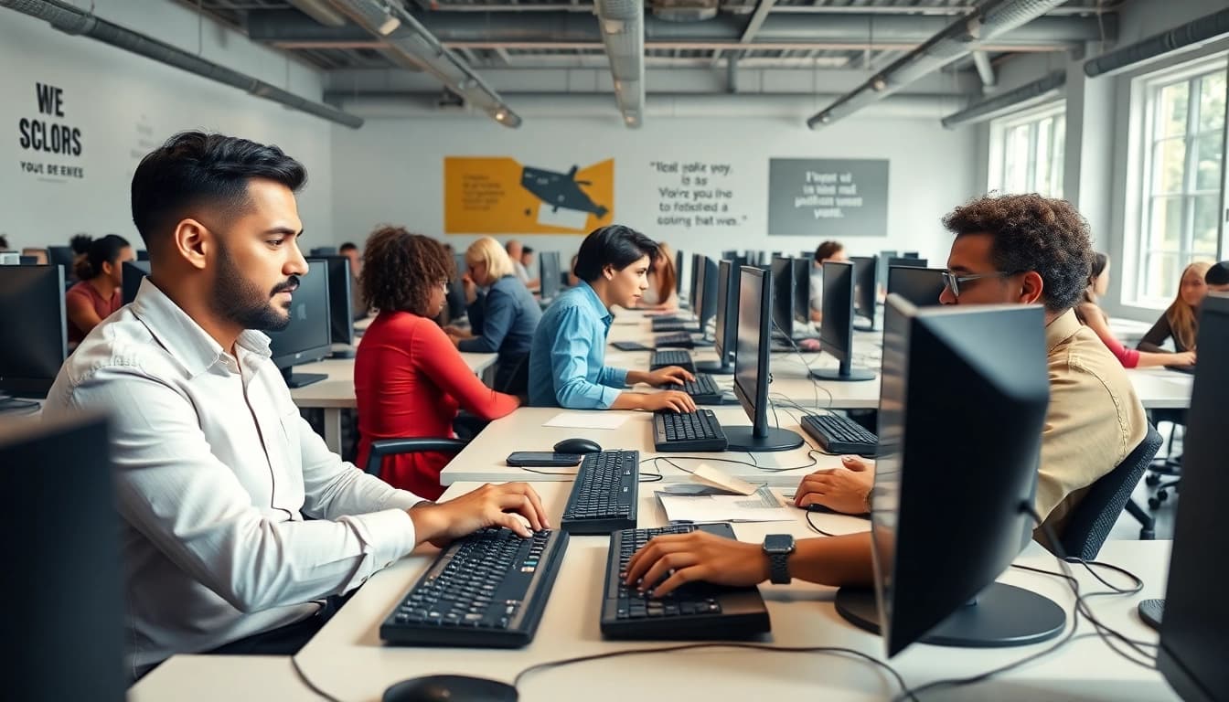 Busy typing center with professionals working efficiently on computers.