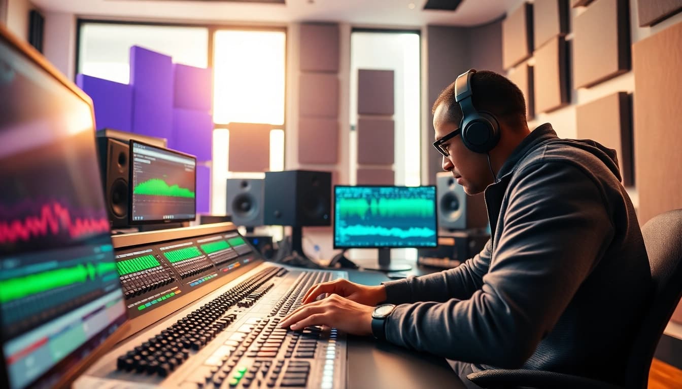 Enhancing audio quality through online mastering in a professional studio environment.