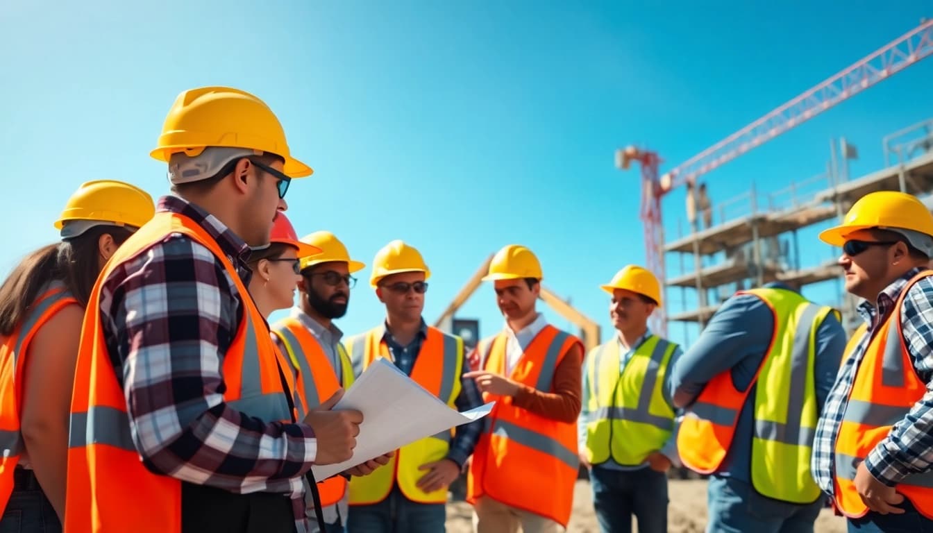Workers ensuring construction site safety while inspecting equipment and plans.