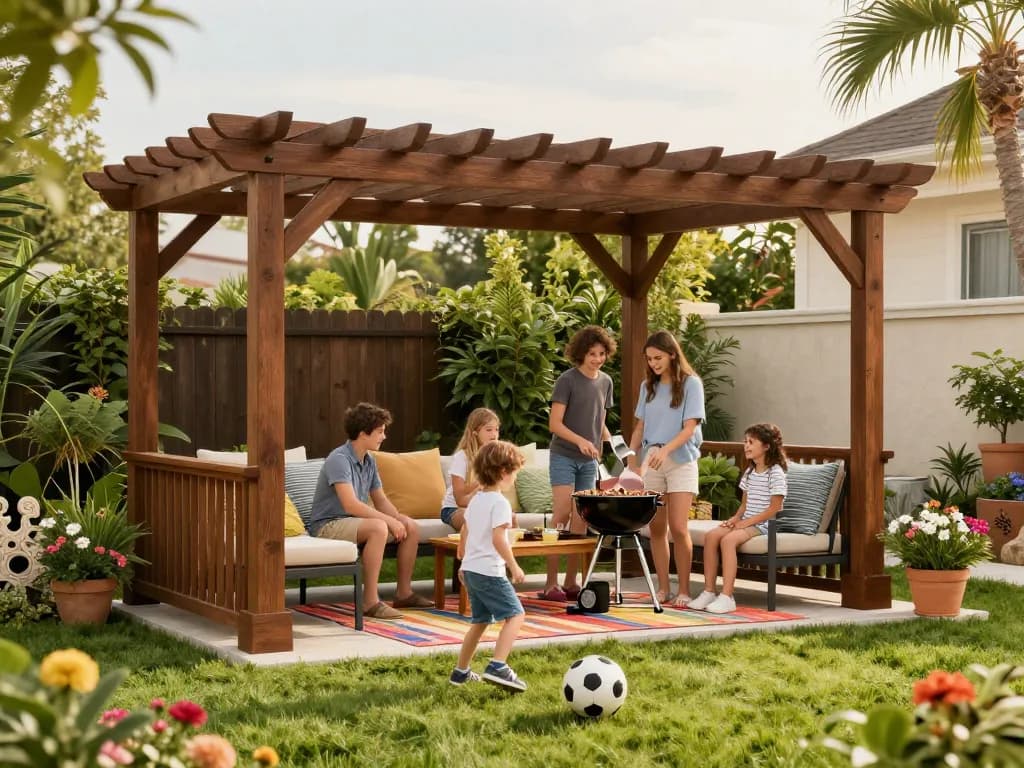 3D pergola in a vibrant backyard with family enjoying a barbecue under sunlight.