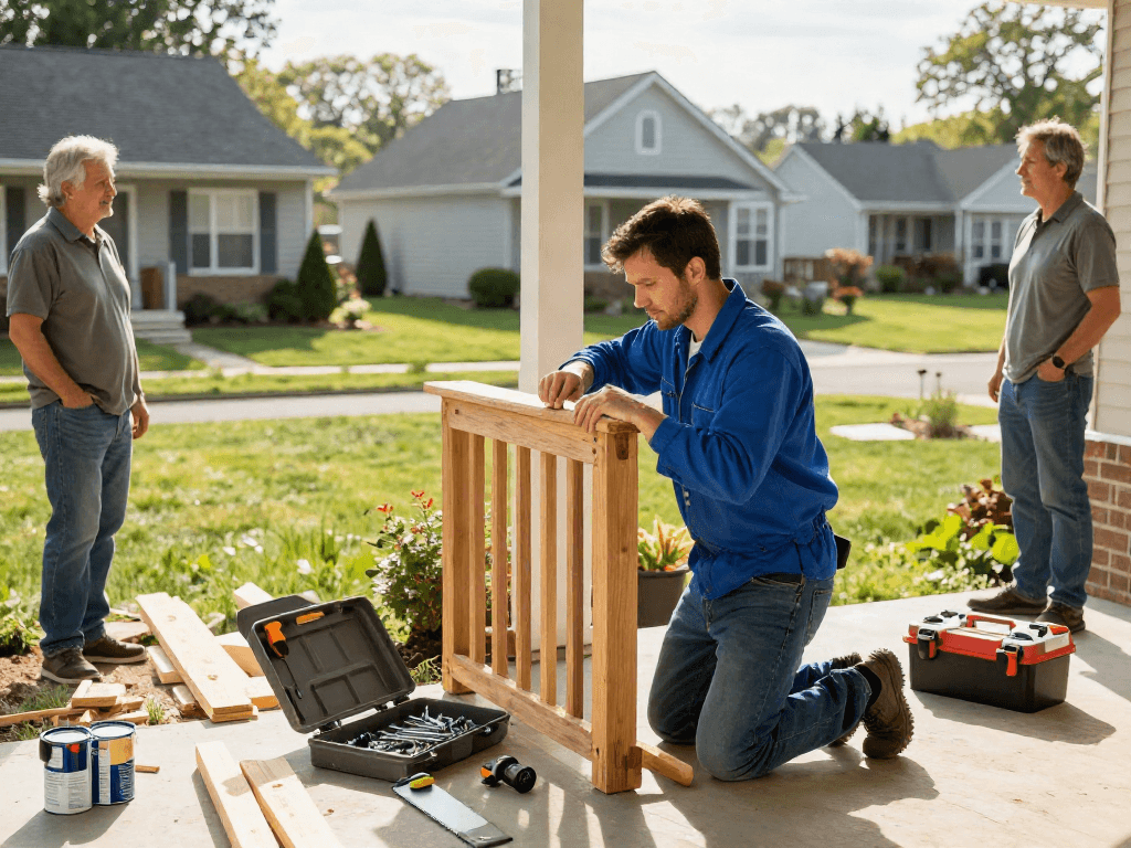 Home repair services Des Moines Iowa showcased by a handyman fixing a porch railing in a sunny suburban neighborhood.