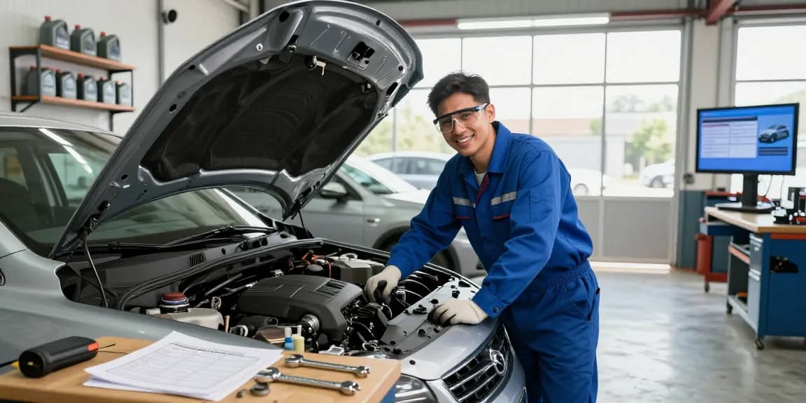Mechanic inspecting engine while discussing vehicle service contract options in a bright garage.