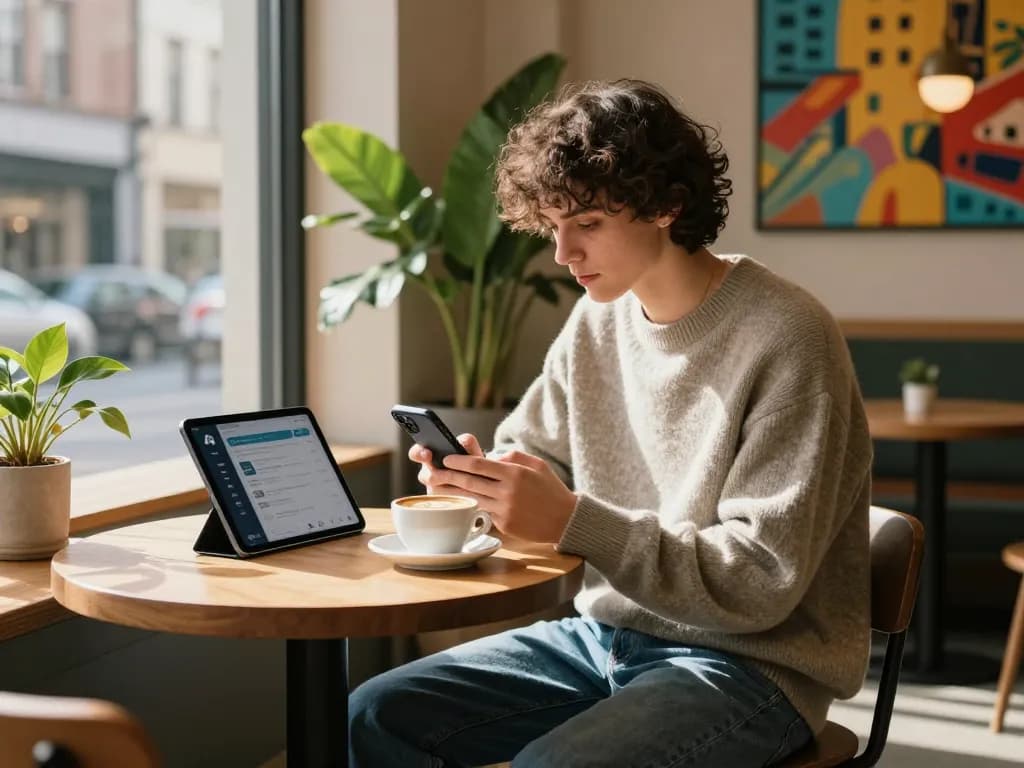 Individual chatting with an AI slut companion in a trendy café, showcasing modern technology and urban lifestyle.