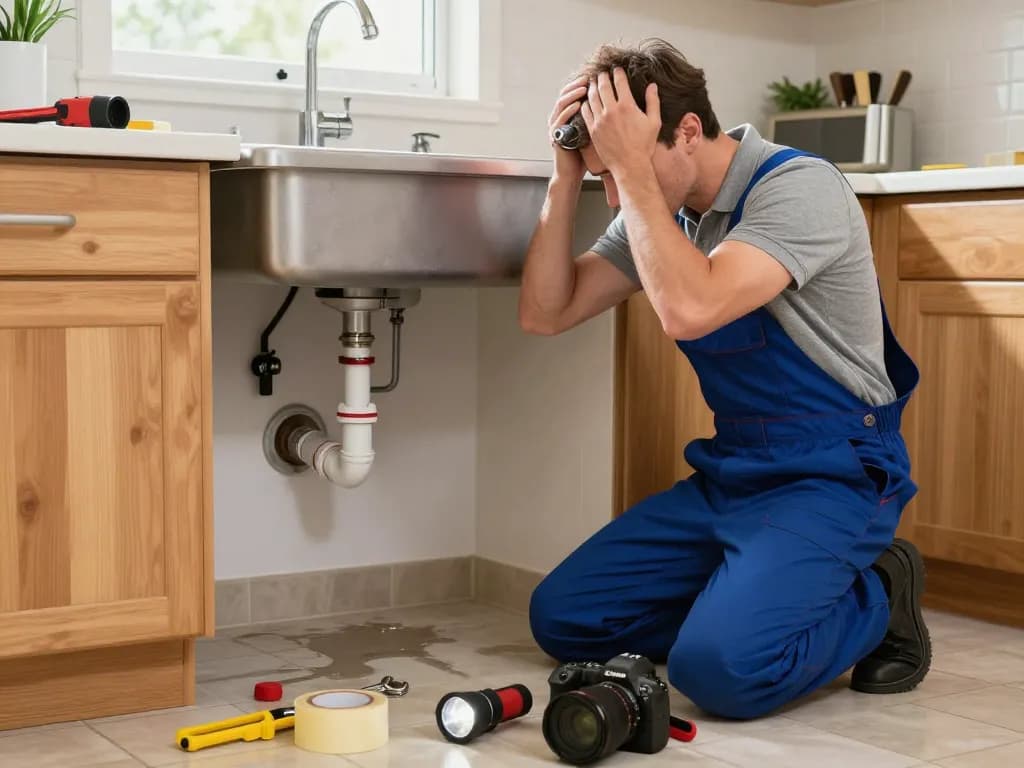 Emergency plumber Rapid City assisting a homeowner during a plumbing crisis in a bright kitchen, showcasing urgency and professionalism.