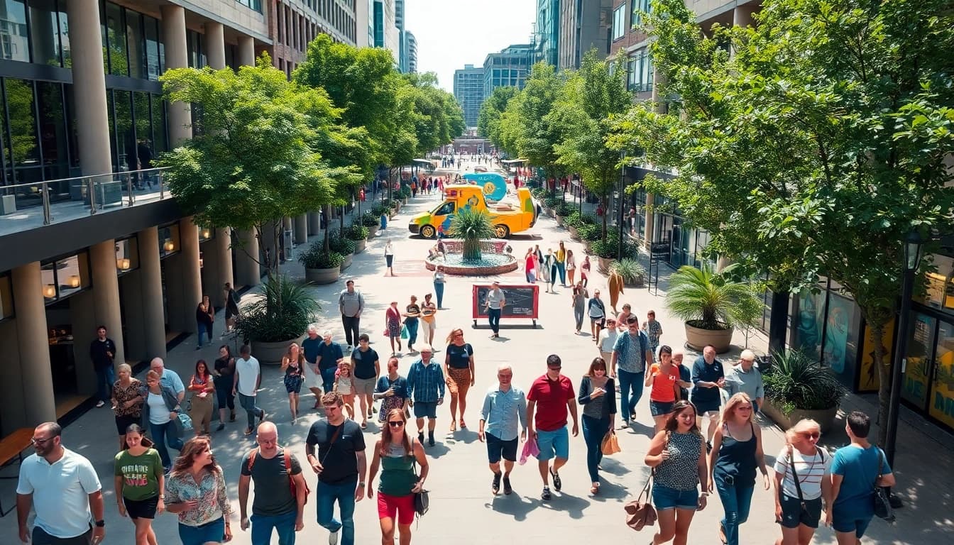 Engaging urban scene showcasing a vibrant modernstreet filled with diverse pedestrians and contemporary architecture.