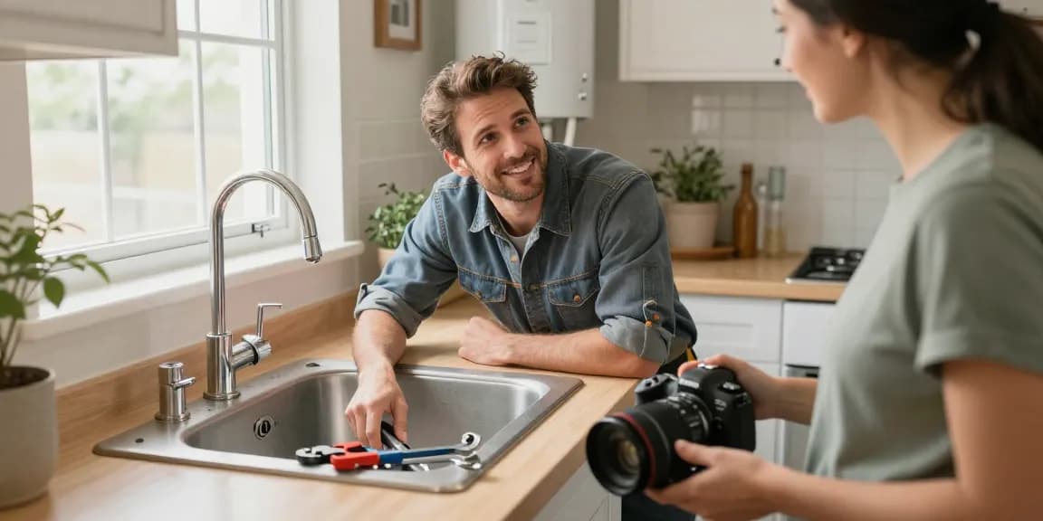 San Diego plumber providing expert advice under the kitchen sink with homeowner during inspection.