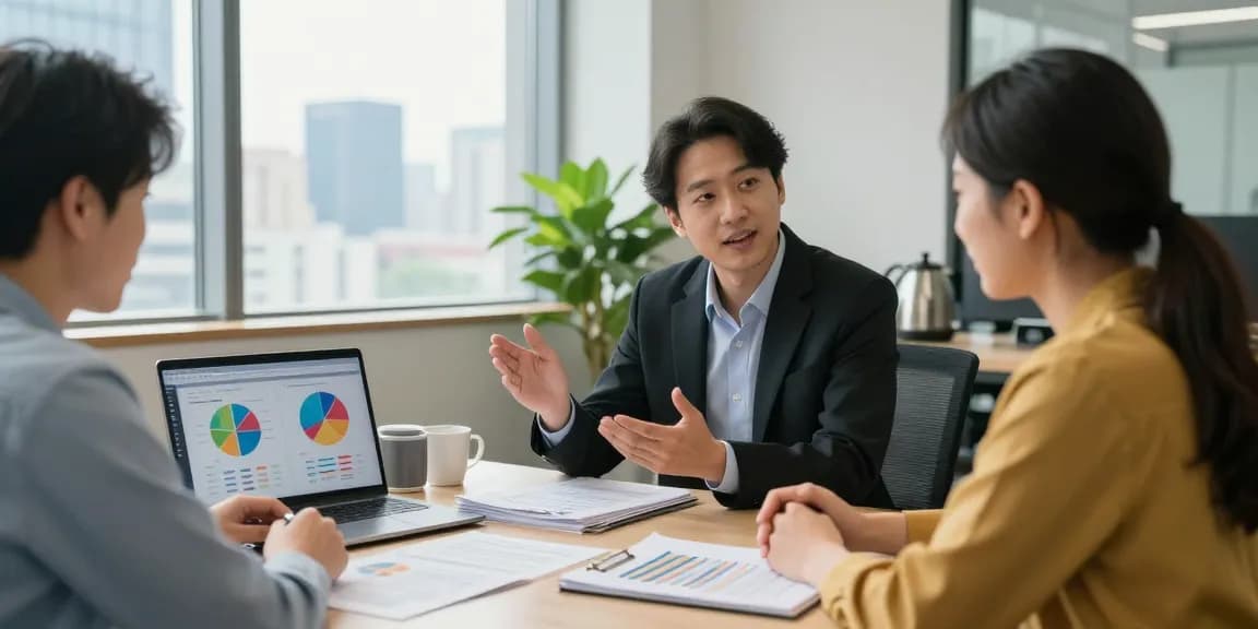 Consultation with financial advisors discussing investment plans and strategies in a modern office.