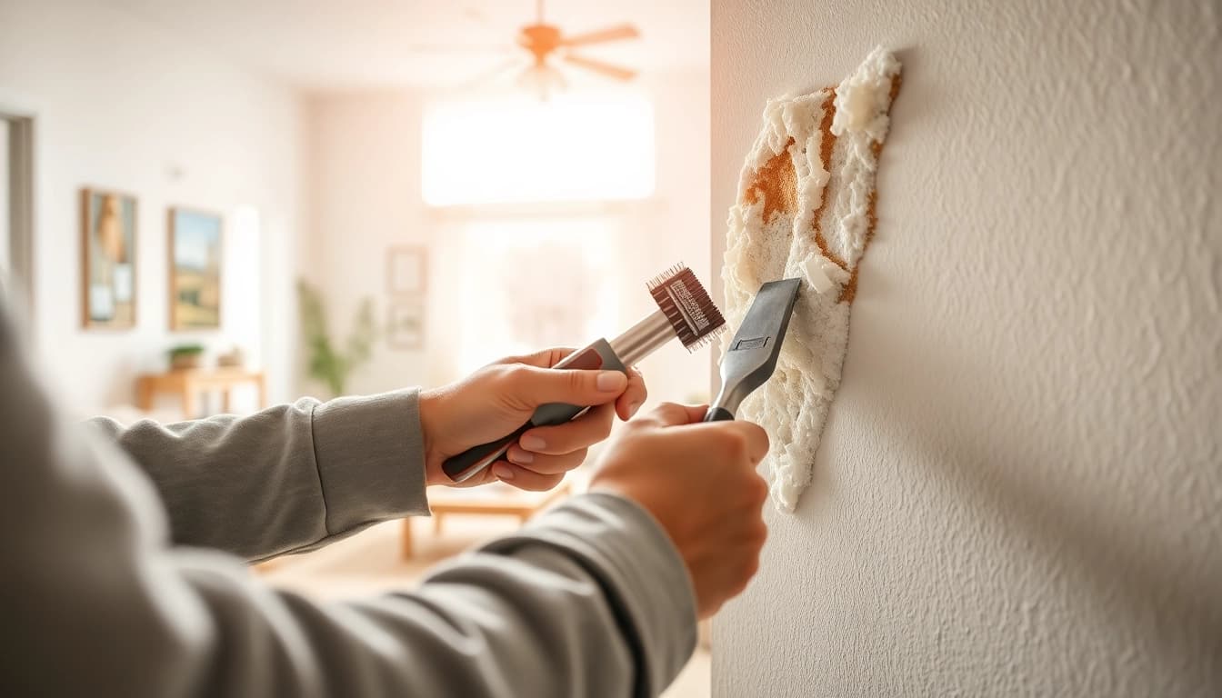 Skilled technician performing spray foam removal in a beautifully lit living space.