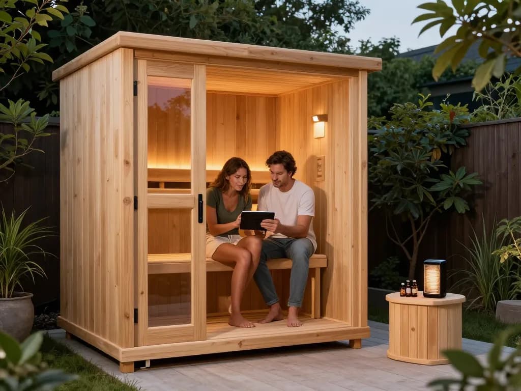 Couple engaged in sauna customization options amidst a natural setting, showcasing a partially assembled cedar sauna.