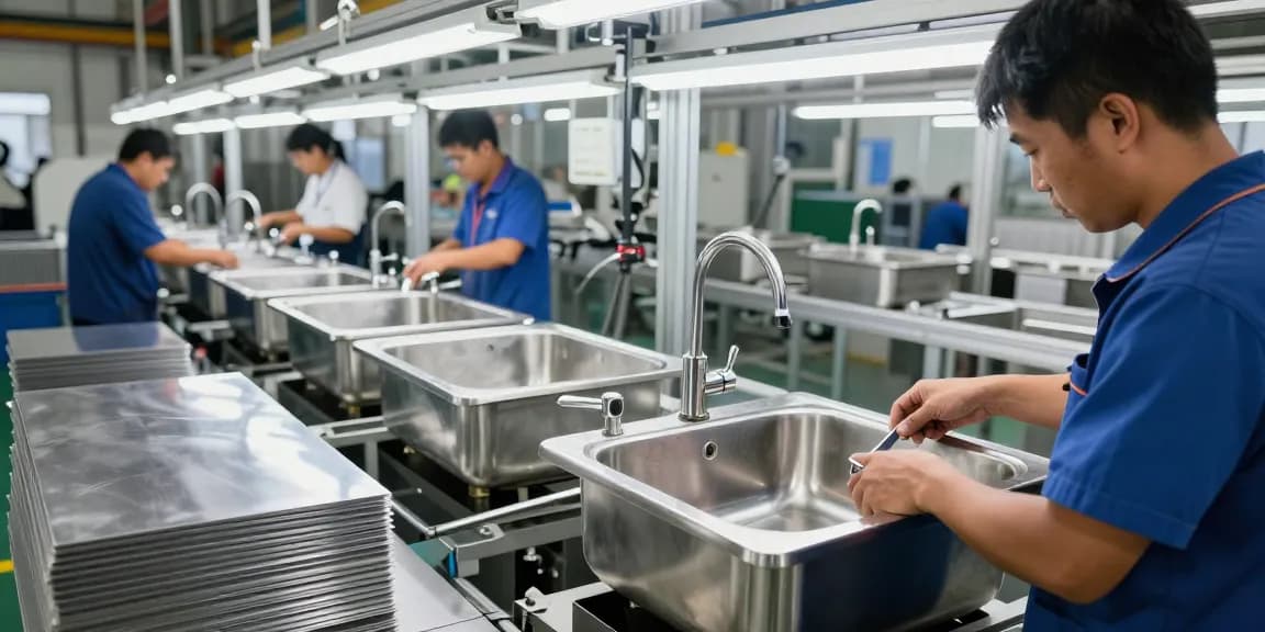 Stainless steel basin factory workers assembling high-quality sinks in a modern industrial setting