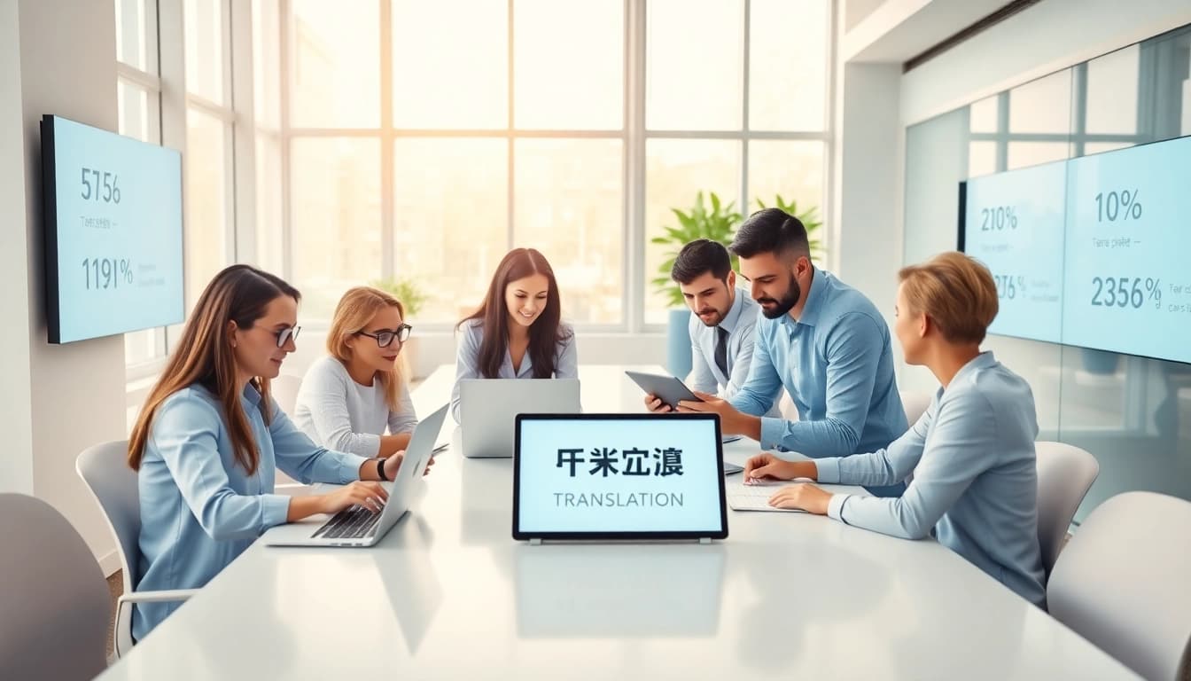 Professionals utilizing 有道 translation tools in a modern office setting.
