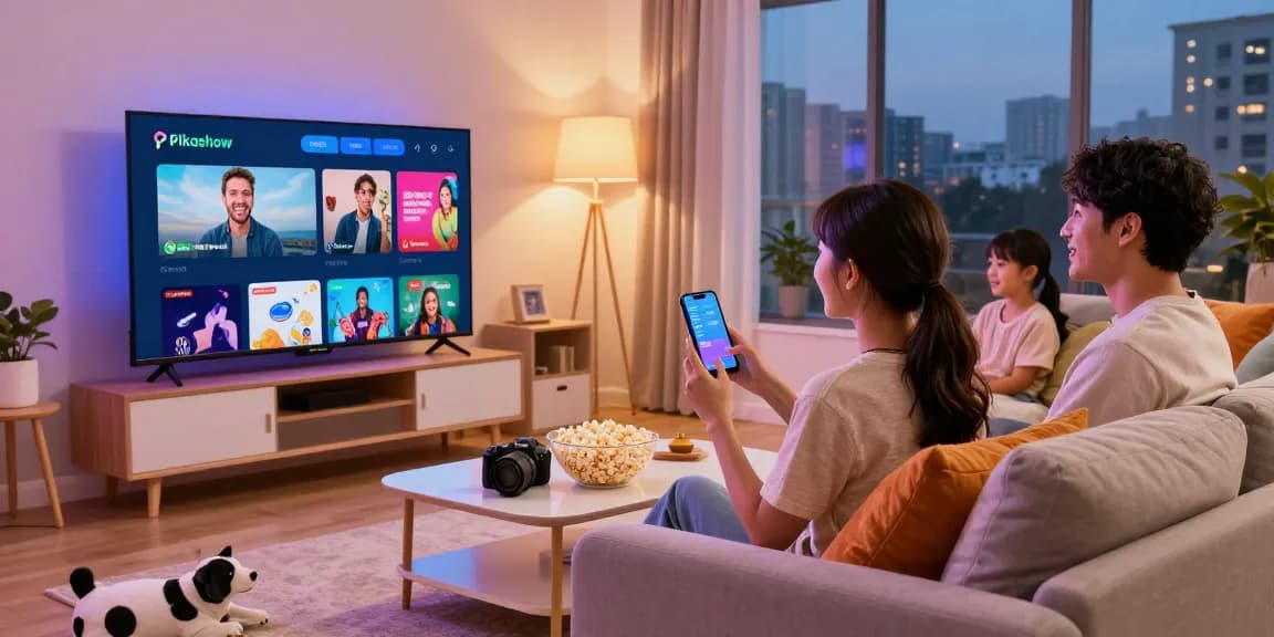 Enjoying Pikashow streaming movies and shows in a cozy living room