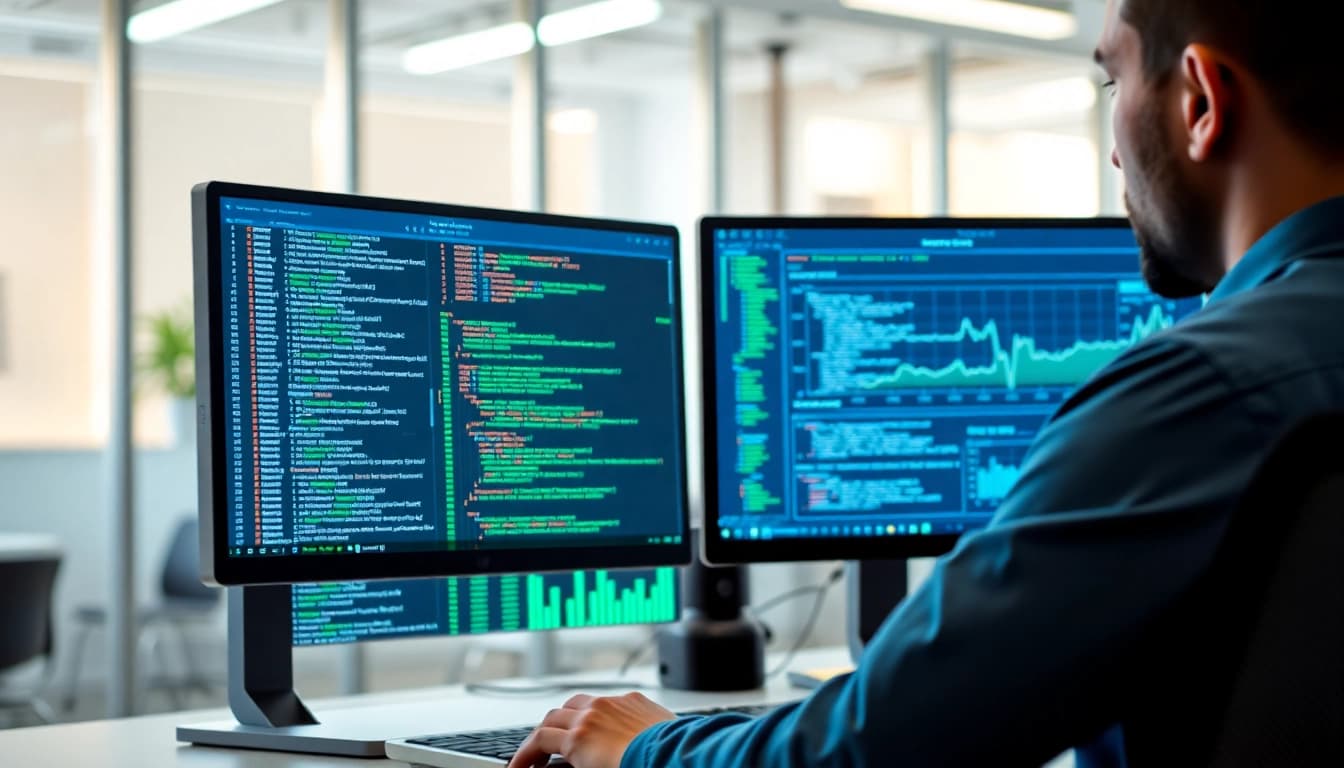 Utilizing the whois api to analyze domain data, a professional developer works on a desktop.