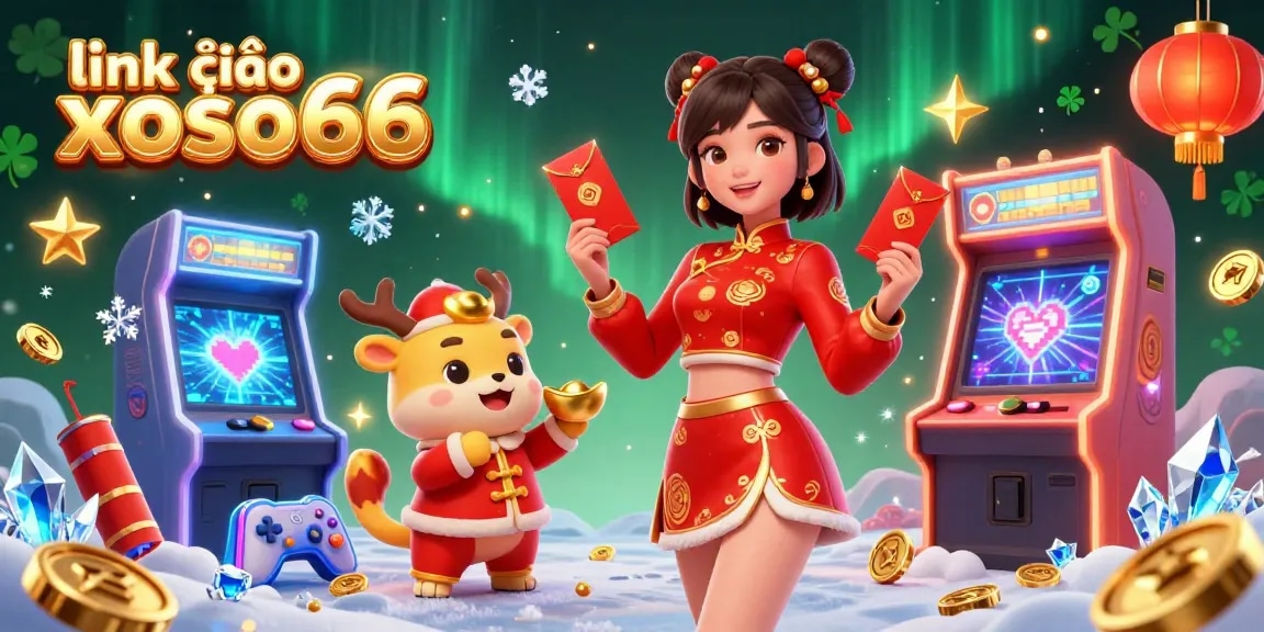 Engage with link vào xoso66 as a stunning Asian woman celebrates Lunar New Year amidst colorful gaming motifs, enriched with festive gold.