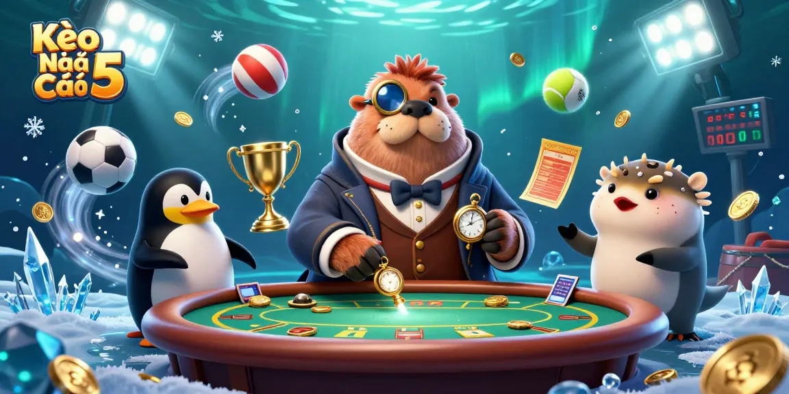 Kèo Nhà Cái 5 showcases a jolly walrus and friends bluffing at an underwater poker game.