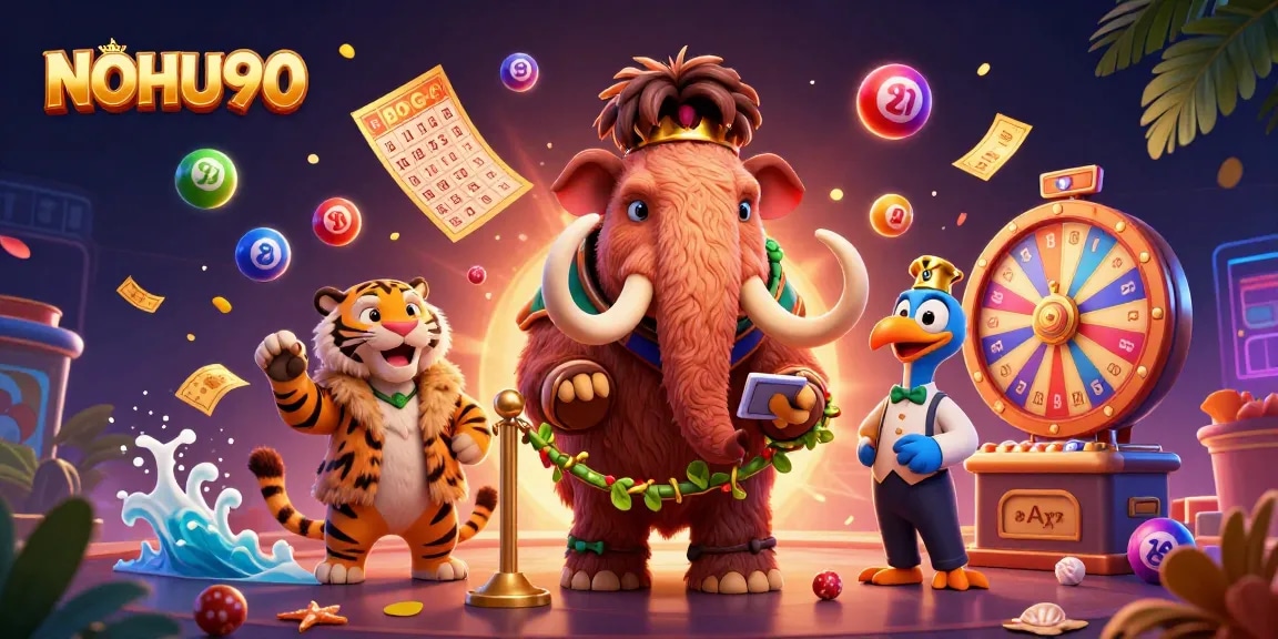 Experience thrilling gaming adventures with NOHU90 as colorful lottery elements and animated characters energize the scene.
