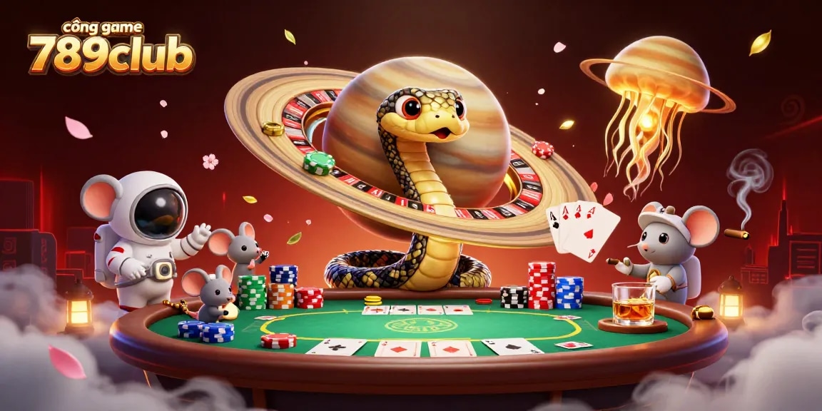 Engage with cổng game 789club as astronaut mice bet around a cosmic roulette wheel, featuring vibrant casino elements.