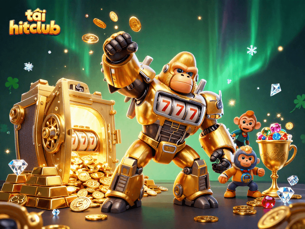 Spin and win with tải hitclub as the golden gorilla mech showcases jackpot excitement.