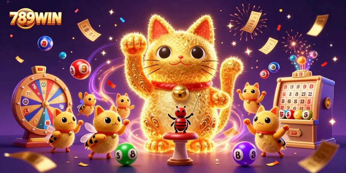 Join the fun at 789WIN with a vibrant scene featuring lucky symbols, colorful games, and exciting prizes!