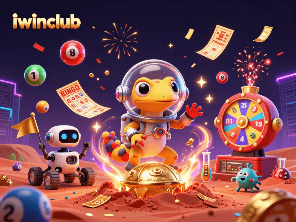Experience iwinclub's vibrant casino world with the Martian gecko amidst exciting games and prizes.