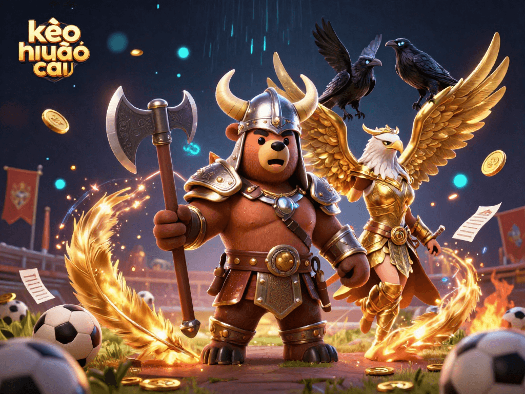 Engage in kèo nhà cái sporting action with a Viking bear, Valkyrie eagle, and betting elements.