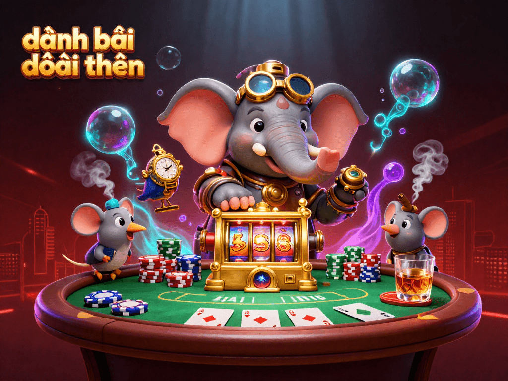 Experience thrilling đánh bài đổi thưởng with vibrant casino visuals featuring a steampunk elephant, poker elements, and dazzling lights.