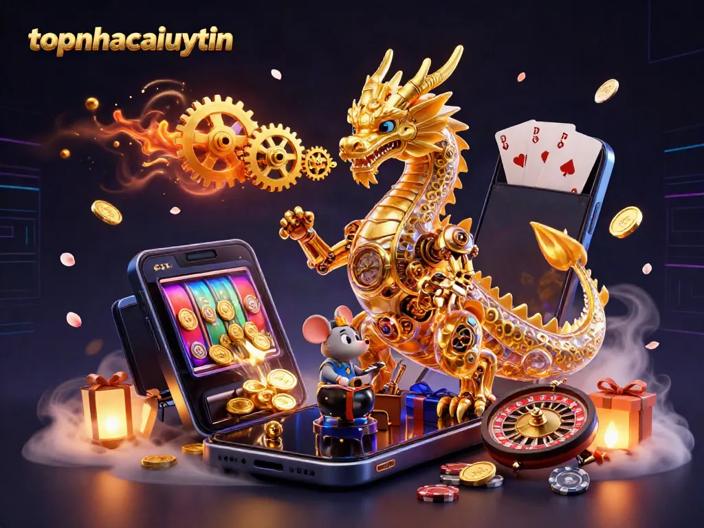 Experience thrilling slots and dynamic gameplay at topnhacaiuytin with a golden dragon and gaming elements.