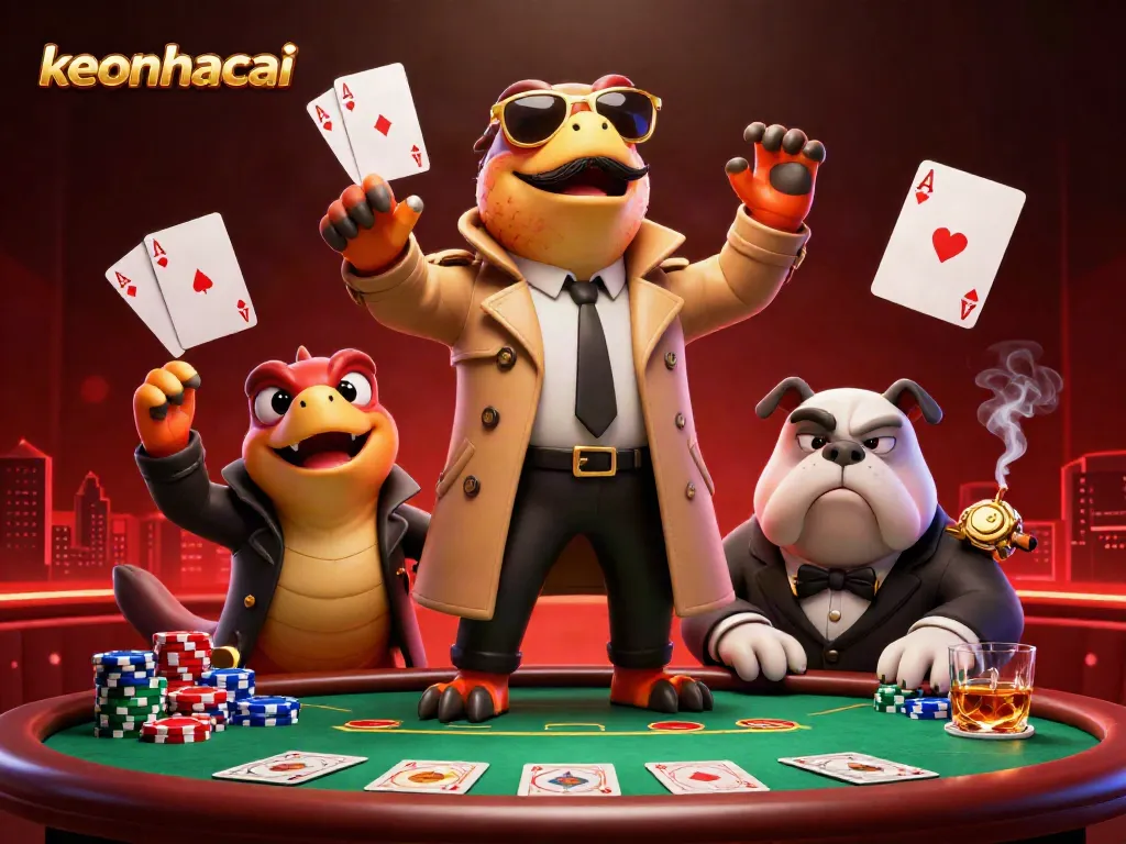 Engaging keonhacai illustration of raptors entering a VIP casino lounge with poker elements.