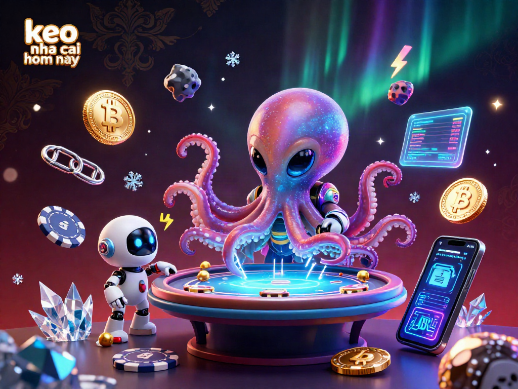 Engaging with keo nha cai hom nay at a holographic poker table surrounded by crypto coins and dazzling effects