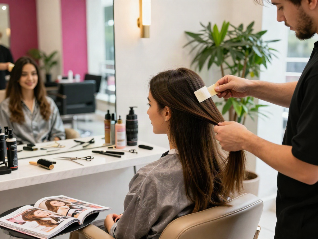 Applying invisible tape in hair extensions human hair for seamless, natural beauty transformation in an elegant salon setting.