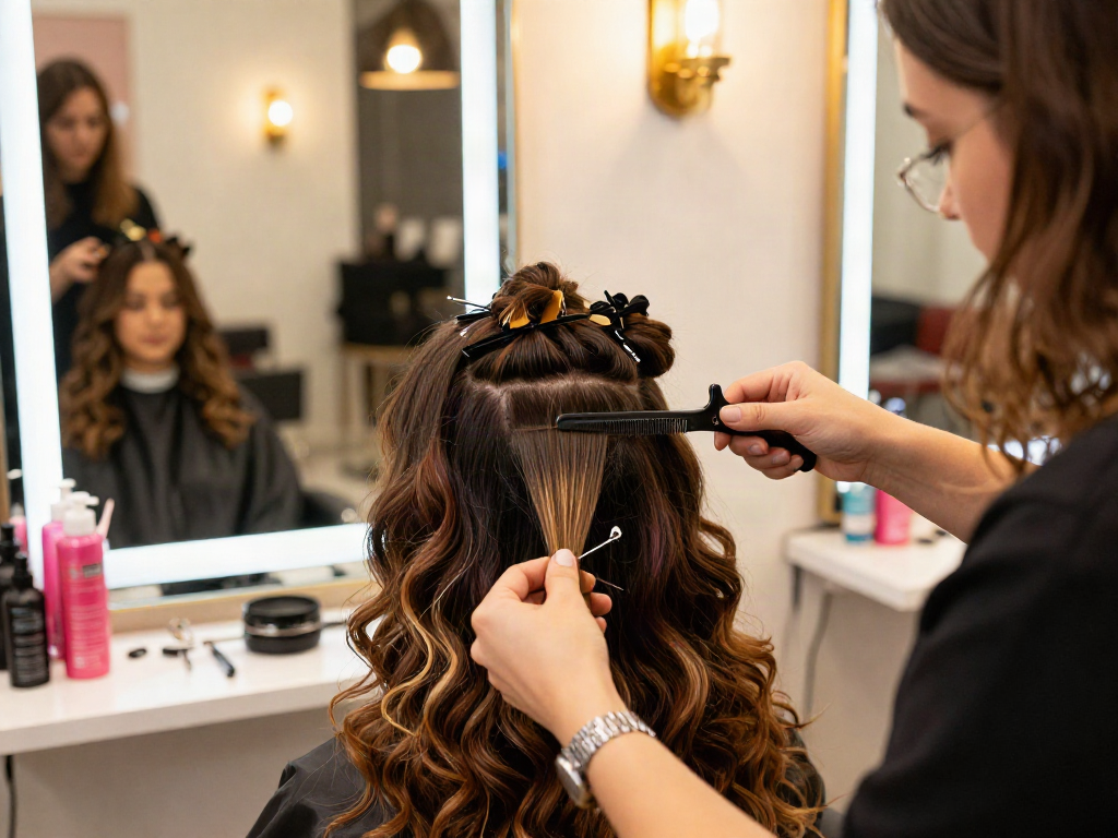 Sew in weft hair extensions being applied in a cozy beauty salon, showcasing hair transformation and professional style.