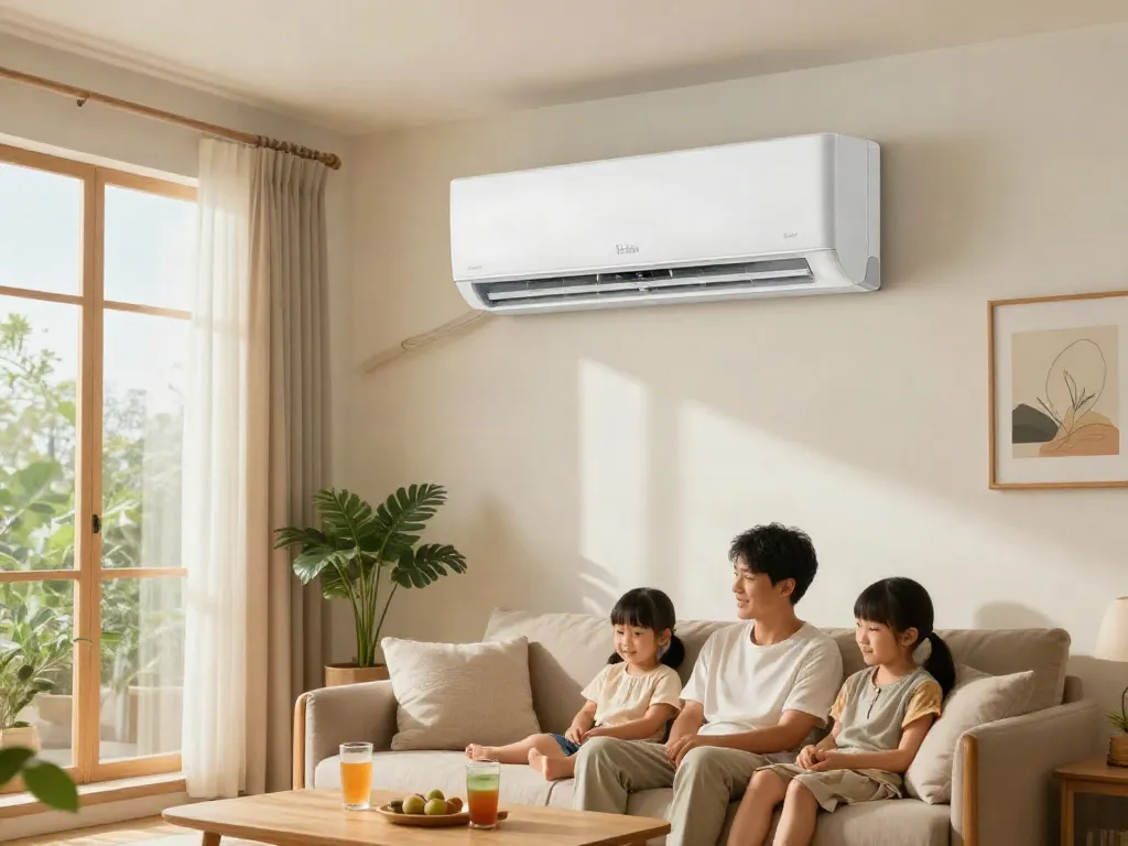 Relaxing family living room featuring an 18k mini split AC unit, showcasing home comfort and modern design.