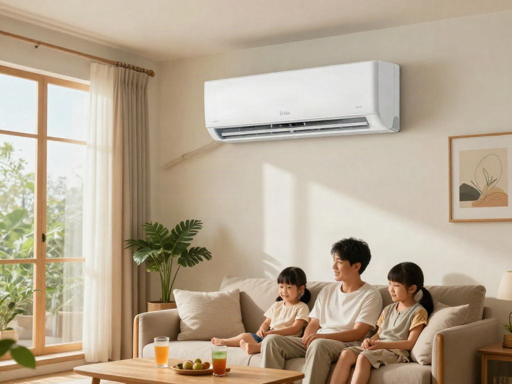 Relaxing family living room featuring an 18k mini split AC unit, showcasing home comfort and modern design.