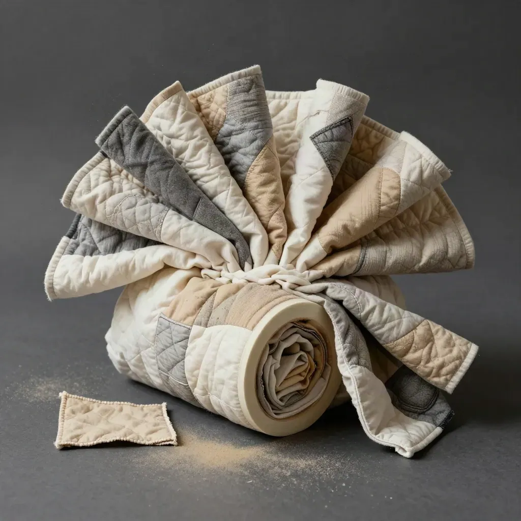 Wrapped quilt cotton fat quarter pack with fabric offcuts fanning on a dark surface.