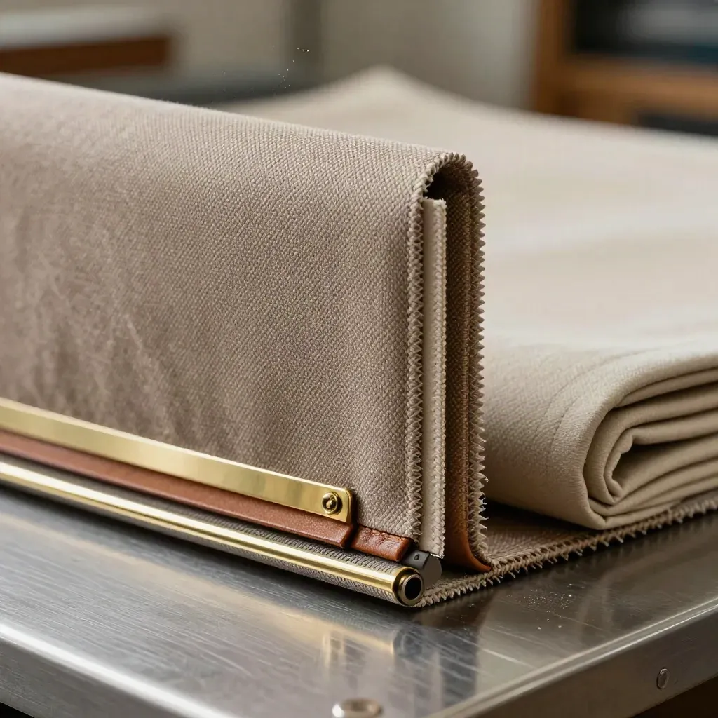 Taupe upholstery twill bolt with brass tack strips and a cushion corner on a metal workbench
