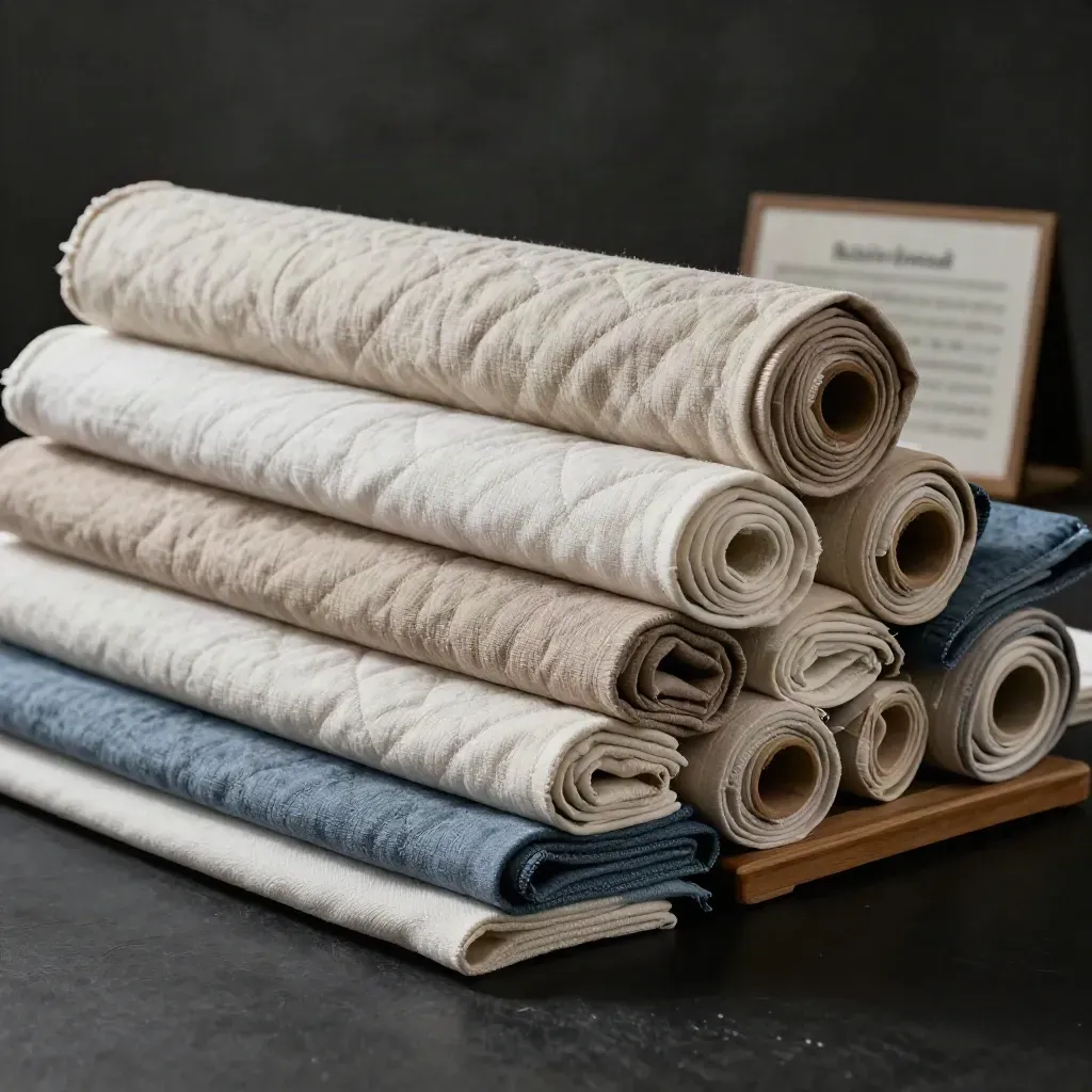 Diagonal stack of fabric yardage bolts with a cart edge and indigo swatch in a dark studio