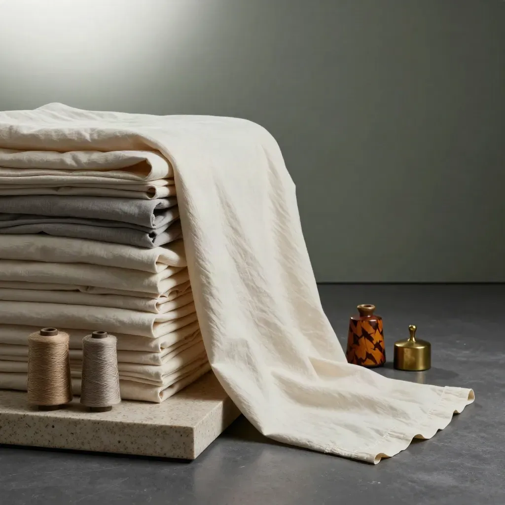 Washed cotton lawn bolts with draped yardage, thread cones and pattern weights on travertine.
