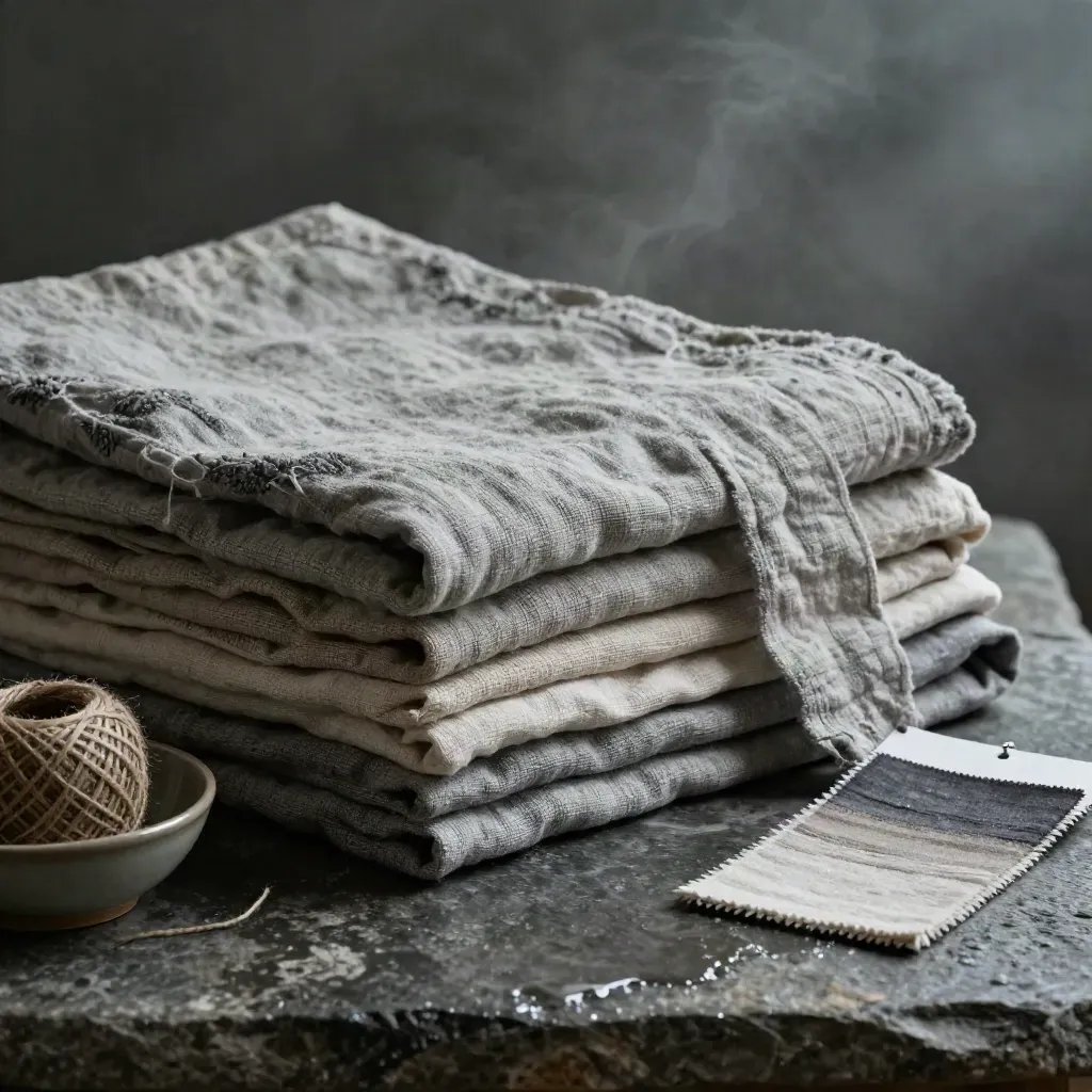 Stonewashed linen stack on wet stone with twine bowl and misty sage light