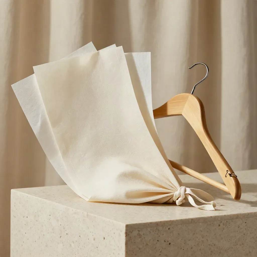 Wrap top pattern kit with muslin, tissue sheets, twill ties and wooden hanger on travertine.