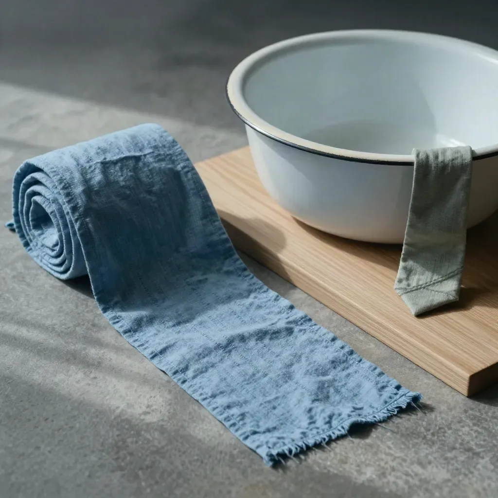 Chambray yardage bolt, draped strip, enamel basin and oak board in a precise flatlay.