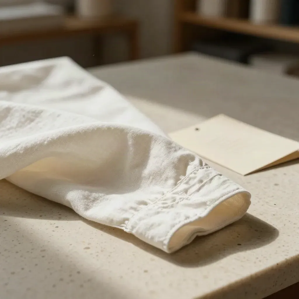 Organic cotton poplin bolt with cuff sample and tape on travertine in soft studio light.