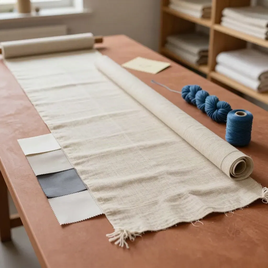 Linen runner kit on a terracotta worktable with hem samples and indigo thread