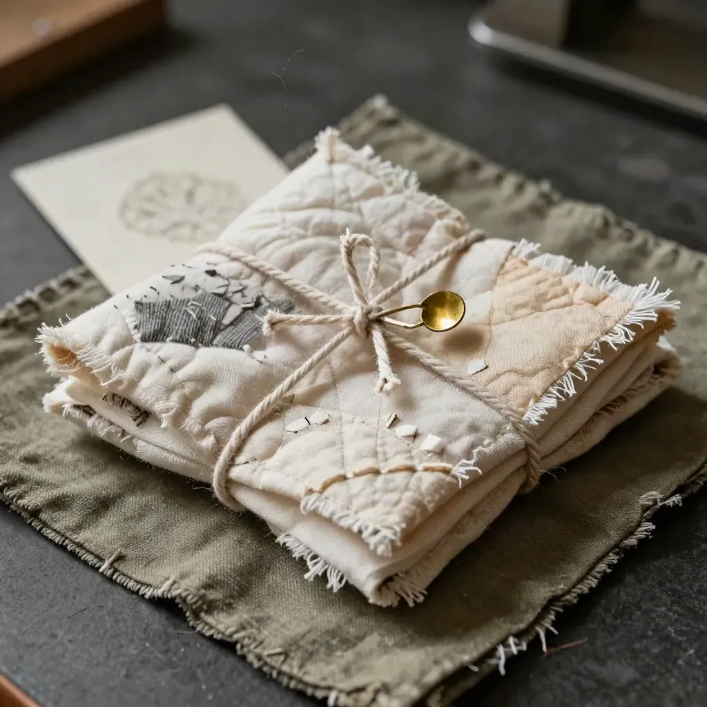 Macro of a tied quilting scrap bundle with frayed cotton squares and drifting lint on olive cloth.